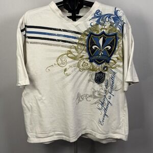 Mecca Shirt Mens XL White V-Neck Fleur De Lis Crest Graphic Tee Streetwear